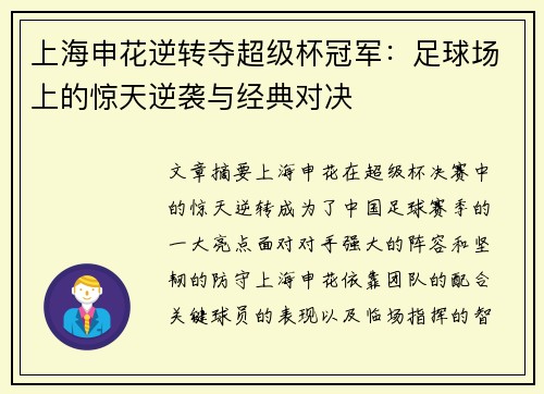 上海申花逆转夺超级杯冠军：足球场上的惊天逆袭与经典对决